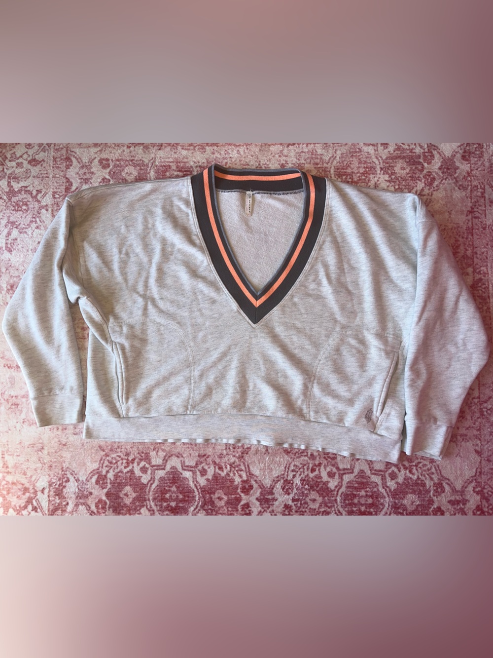 FP Movement by Free People Gray V-Neck Cropped Pullover with Gray and Coral Trim - Picture 2 of 13